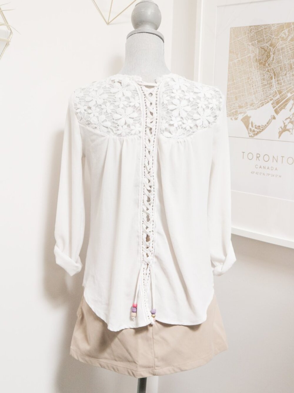 FOCUS Off-White Lace Yoke Bohemian Flowy Top w/ Lace Up Crochet Beaded Back - Picture 2 of 11
